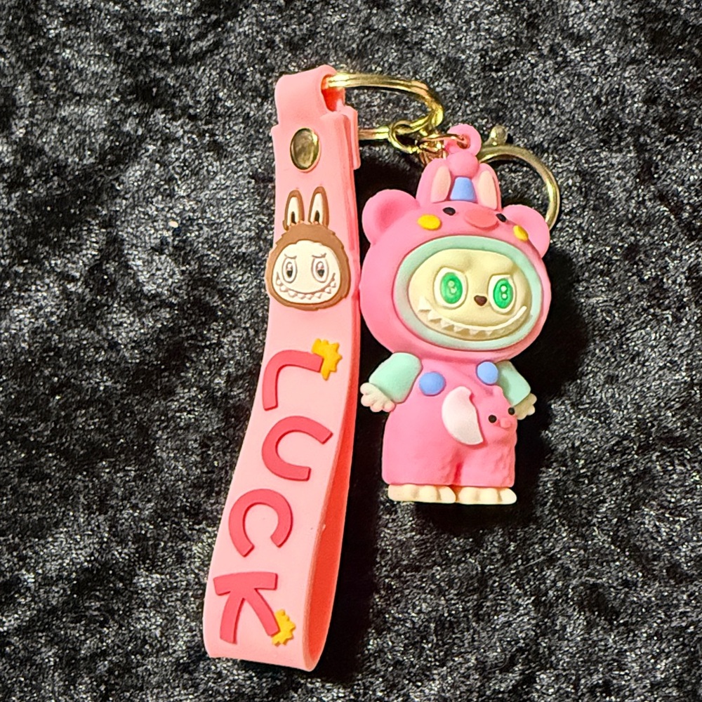 Labubu Inspired Vinyl Keychain Bag Charm Wristlet Pink Bear Costume